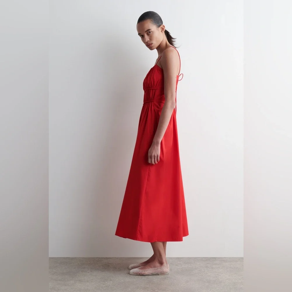 COS Gathered-Waist Midi Dress Red Bright Sleeveless Size 12 NWOT - Picture 2 of 14